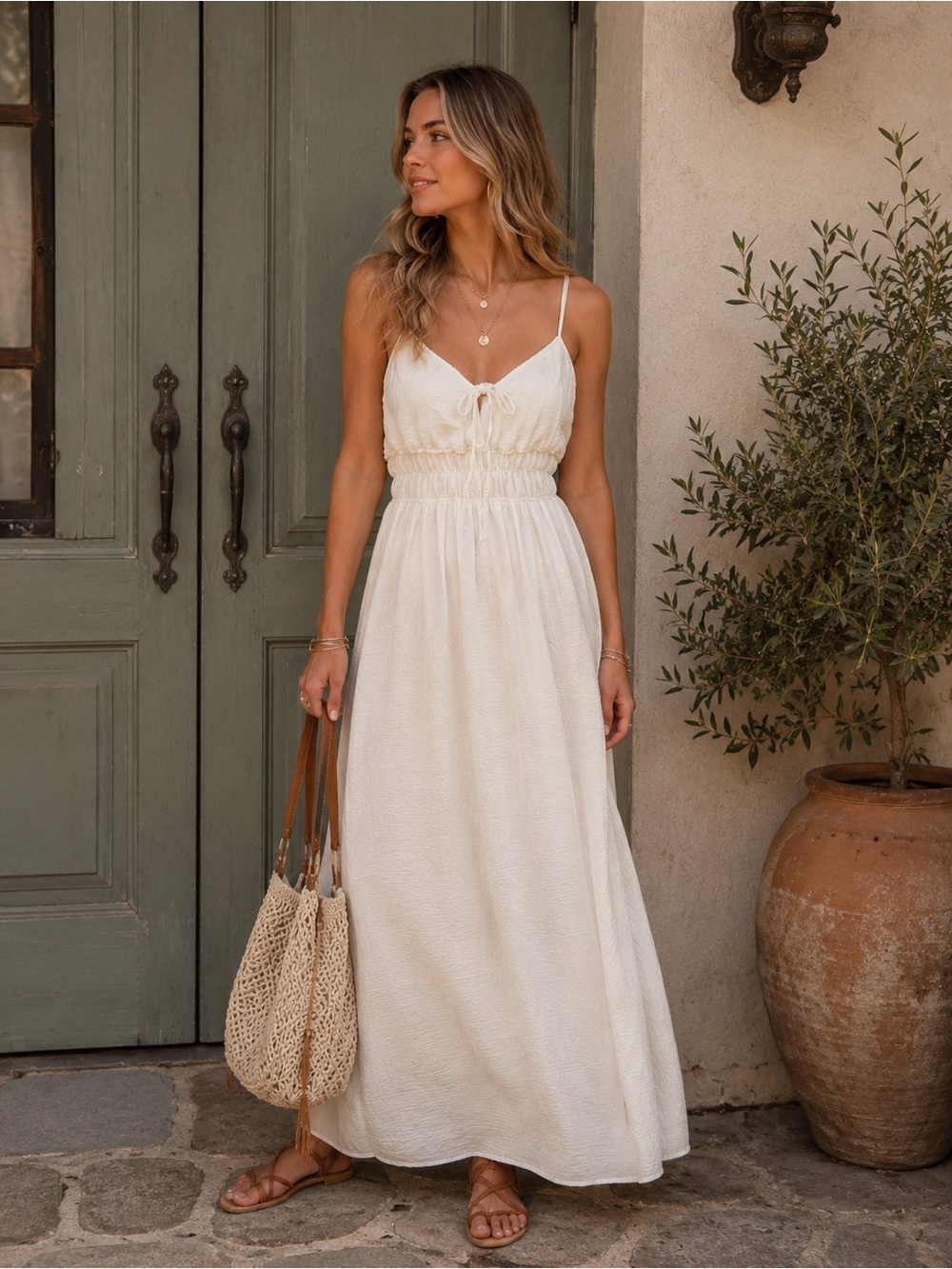 Absolutely Love It White Maxi Dress with Smocked Waist and Tie Bodice